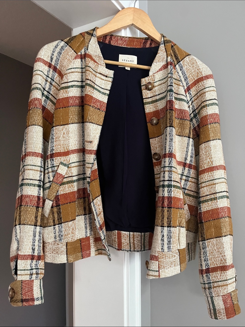 🌟SOLD🌟Sezane Mike Plaid Button-Front Jacket in Mustard, Cream & Rust - Picture 4 of 7